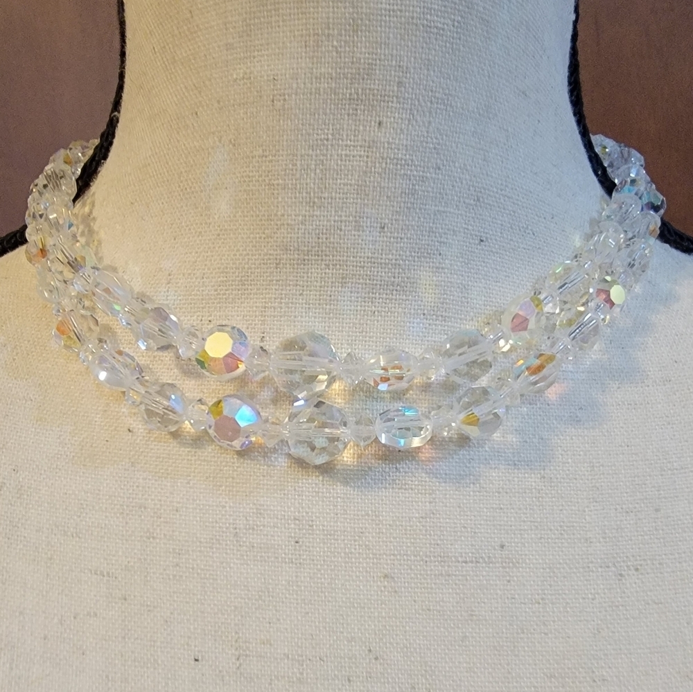 Vintage Aurora Borealis Double Strand Faceted Glass Bead Necklace Rhinestone